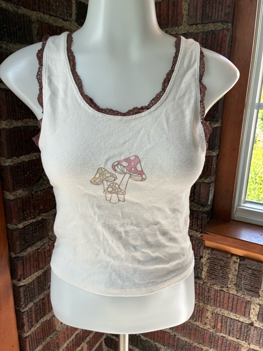 Hollister Cream Tank Top with Brown Lace Trim and mushroom graphic